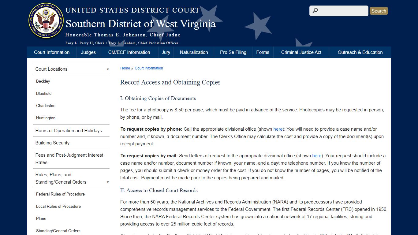 Record Access and Obtaining Copies | Southern District of West Virginia ...