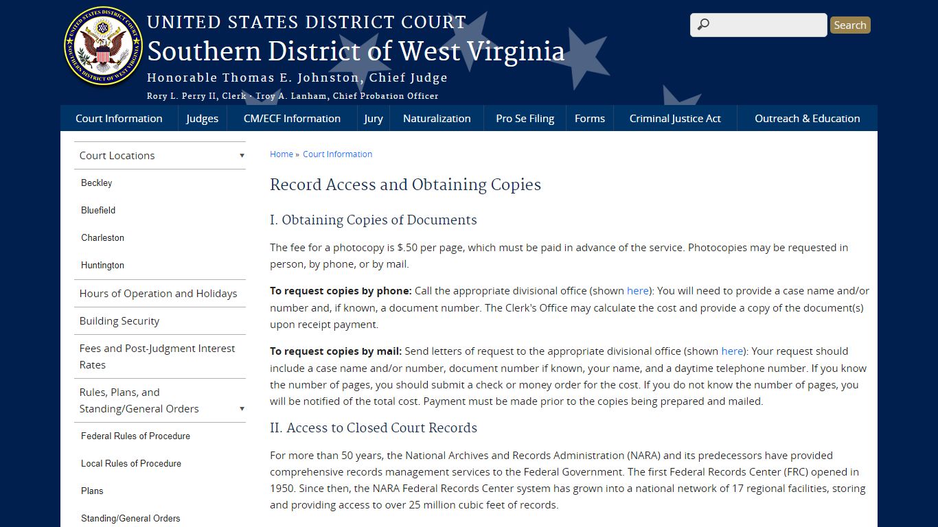 Record Access and Obtaining Copies | Southern District of West Virginia ...